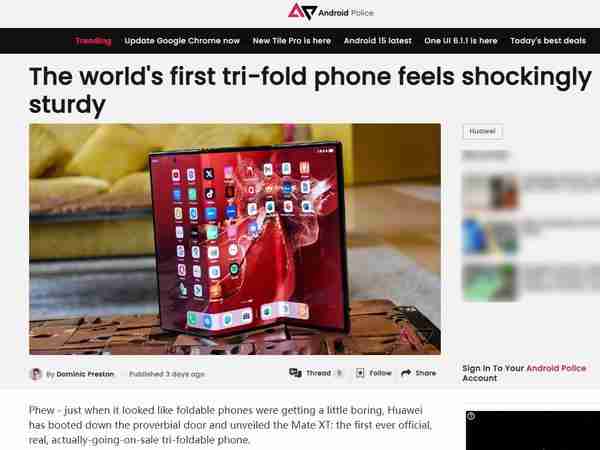  外媒上手华为 Mate XT 三折叠：惊人地坚固 铰链很结实 
