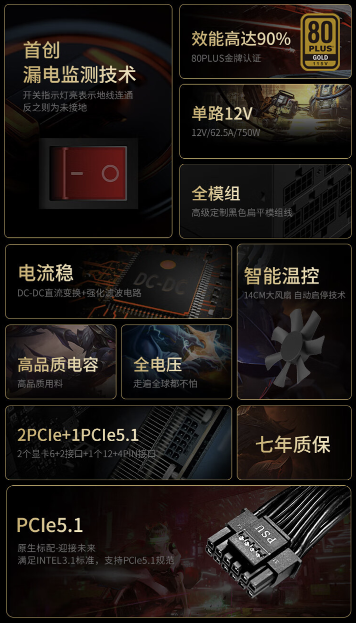750W 功率 + 漏电检测技术,长城 M7 金牌全模组电源 429 元开售