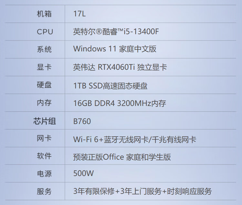 i5-13400F+RTX4060Ti：联想 T4900k 台式机 16+1TB 版 4799 元