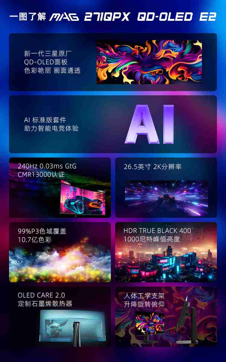 微星 26.5 英寸 MAG 271QPX QD-OLED E2 显示器开售:2K 240Hz,首发价 3999 元