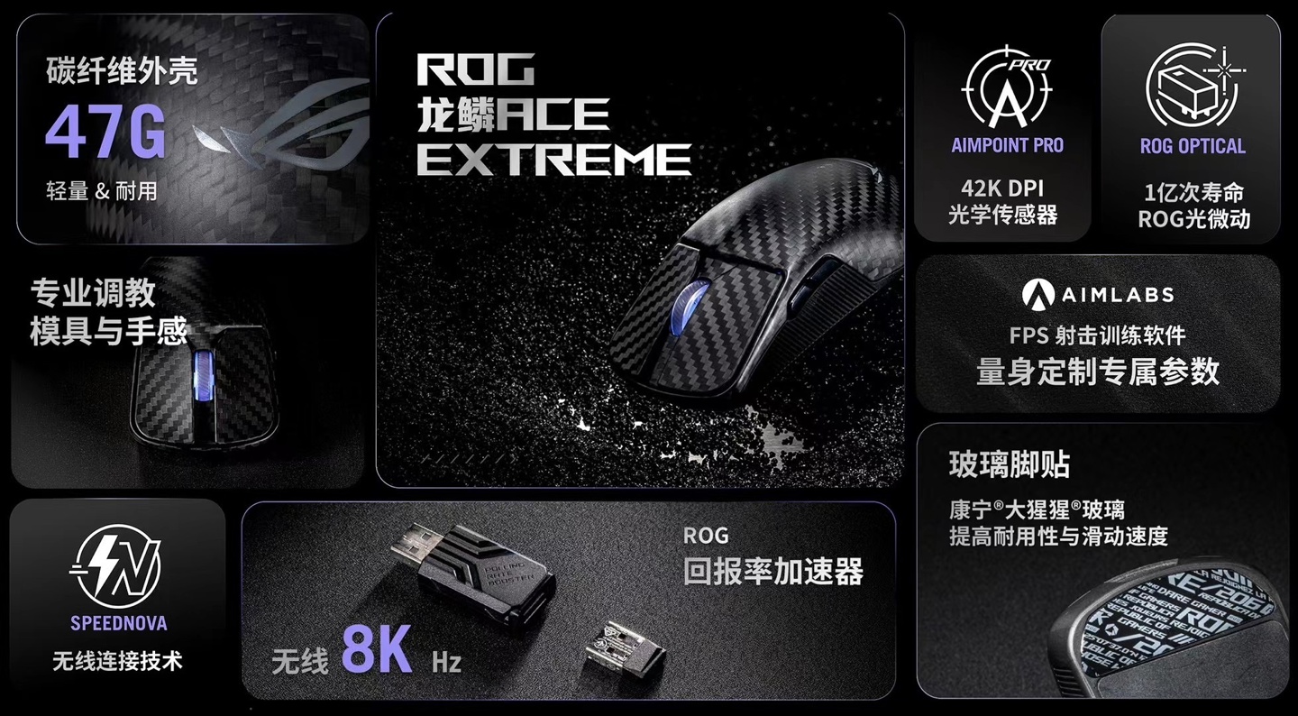 华硕 ROG 龙鳞 ACE EXTREME 碳纤维鼠标、夜魔 EXTREME 机械键盘国行发布：售 1799 元 / 3599 元