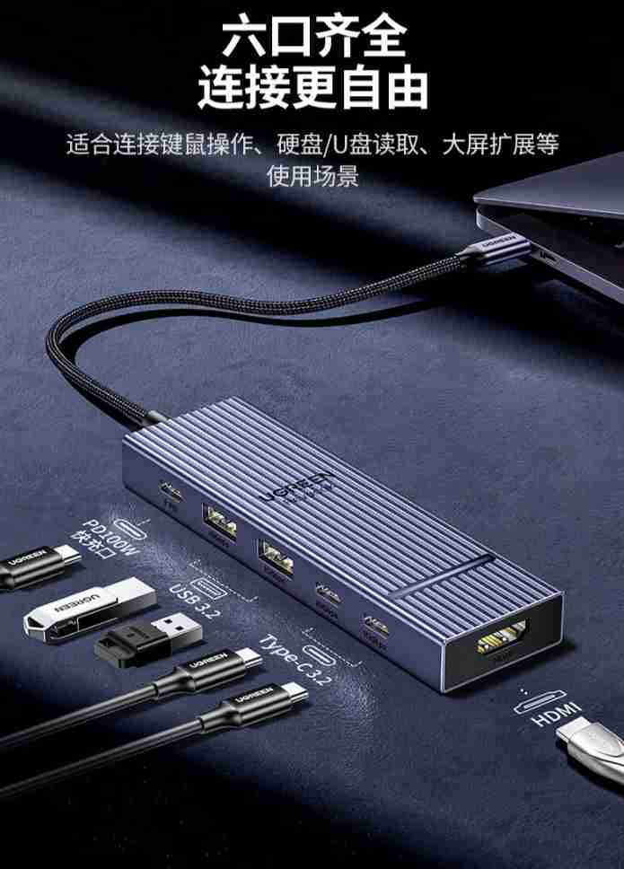 绿联鳍纹 6 合 1 扩展坞开售:PD3.0 快充协议、配 HDMI 2.0 接口,首发 129 元