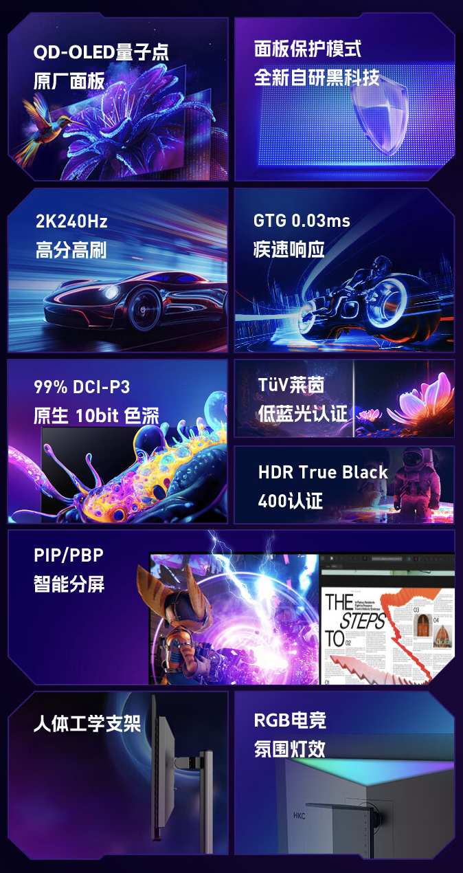 HKC 推出“GS27QK”27 英寸显示器:2K 240Hz QD-OLED,3499 元