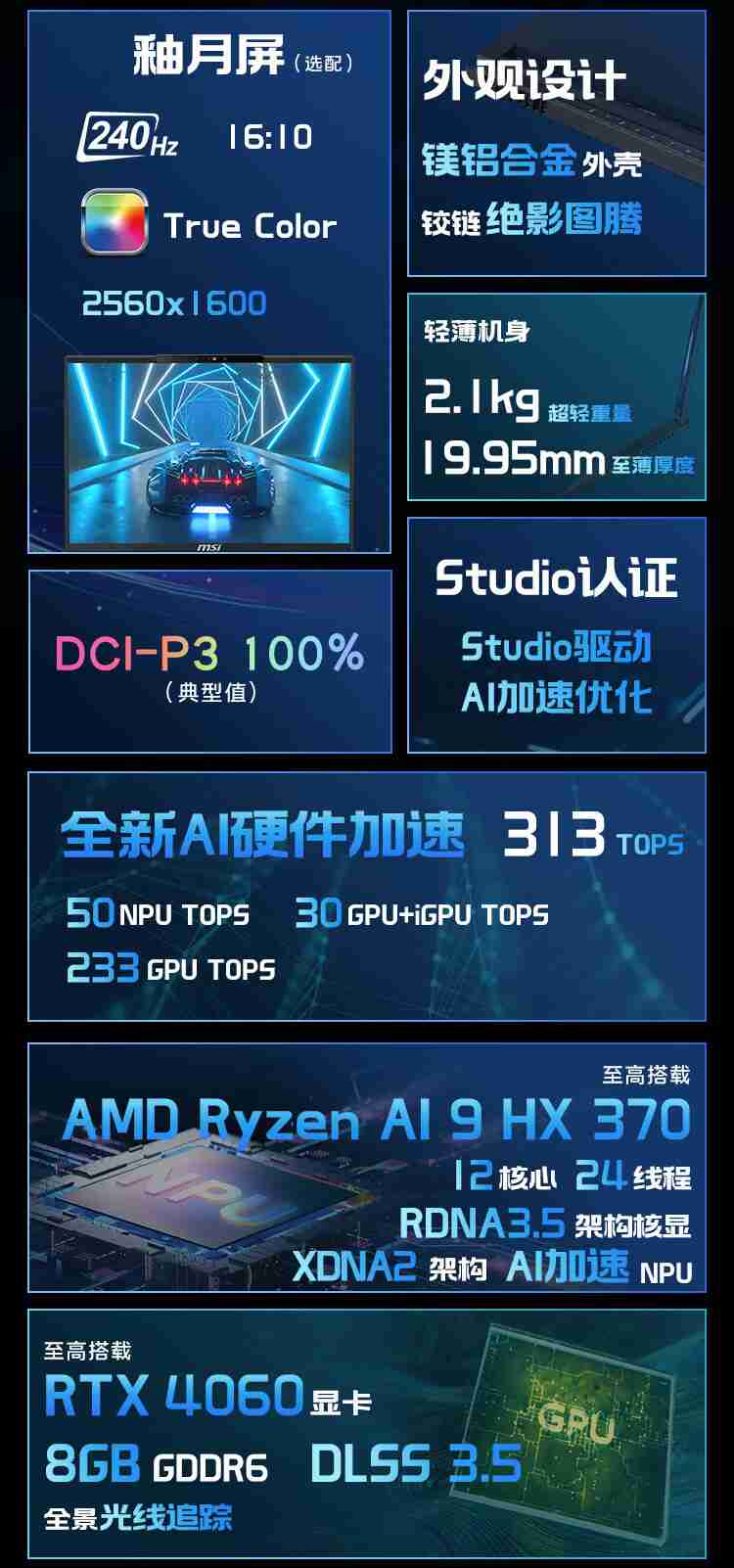 微星绝影 16 AI+ 锐龙版 2024 笔记本开售:AMD 锐龙 AI 9 HX370+RTX4060,首发 15499 元