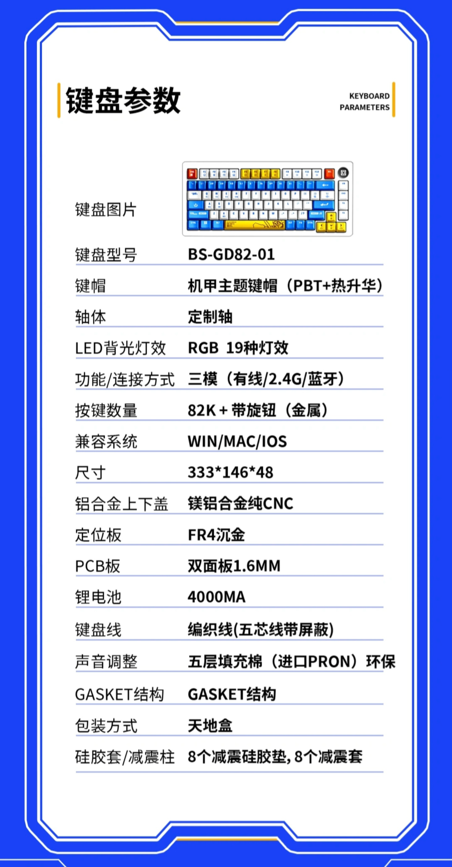 黑鲨精选推出黑纹章 GD82 定制机甲主题三模机械键盘:自定义键盘轴体,待机时间 360 小时,首发 1599 元