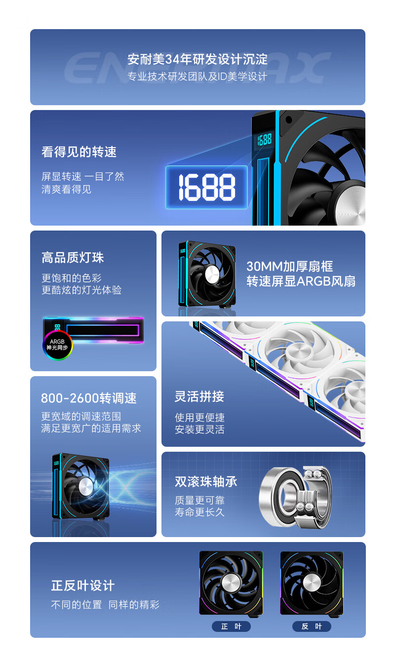 扇框无限镜 + 转速数显,安耐美推出 30mm 加厚积木风扇 CL30