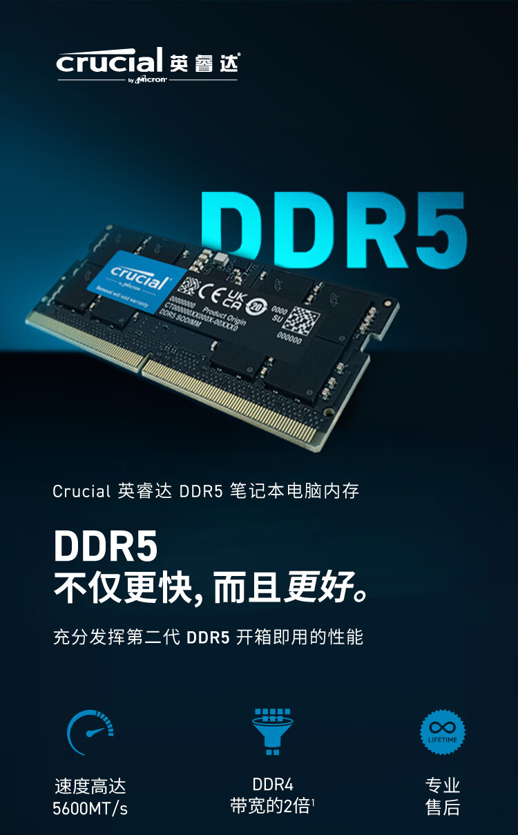 迷你主机可用，美光英睿达 32G DDR5-5600 笔记本内存 505 元新低