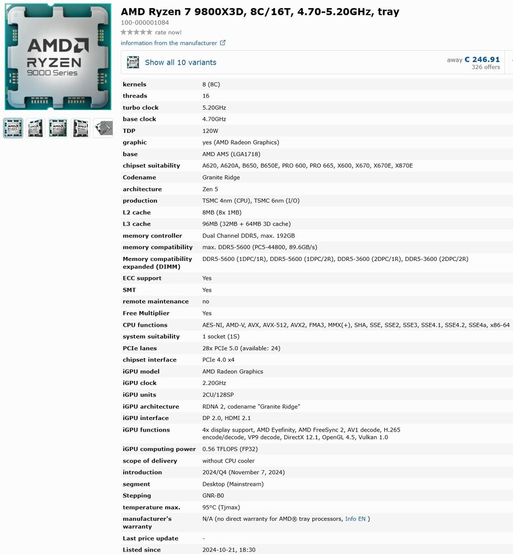 AMD 锐龙 7 9800X3D 完整规格泄露：8 个 Zen 5 核心、120W TDP、96MB L3 缓存、解锁倍频