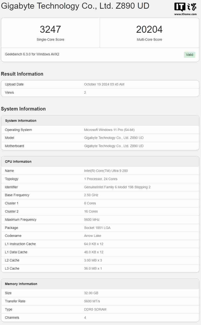 英特尔酷睿 Ultra 9 285 处理器现身 Geekbench,单核相比 i9-14900 提升超过 10%