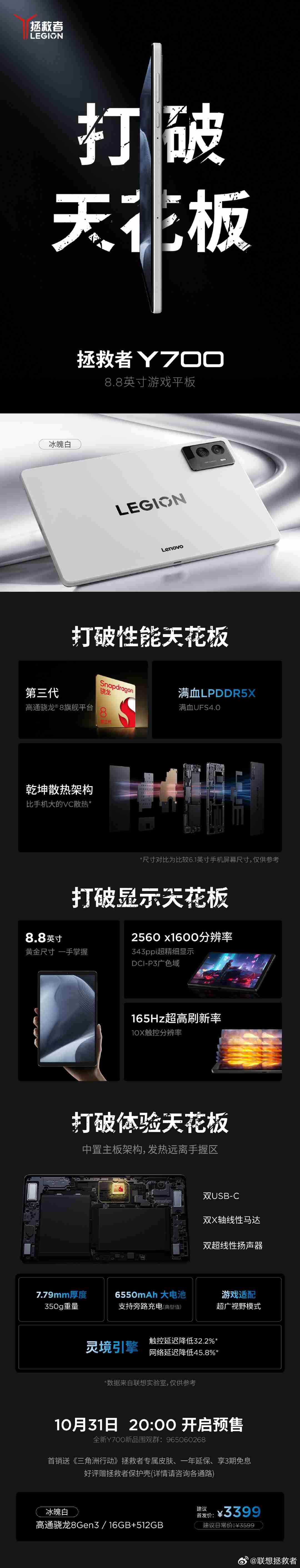 联想新一代拯救者 Y700 平板冰魄白配色开启预售:16GB+512GB、骁龙 8 Gen3 处理器,首发 3399 元