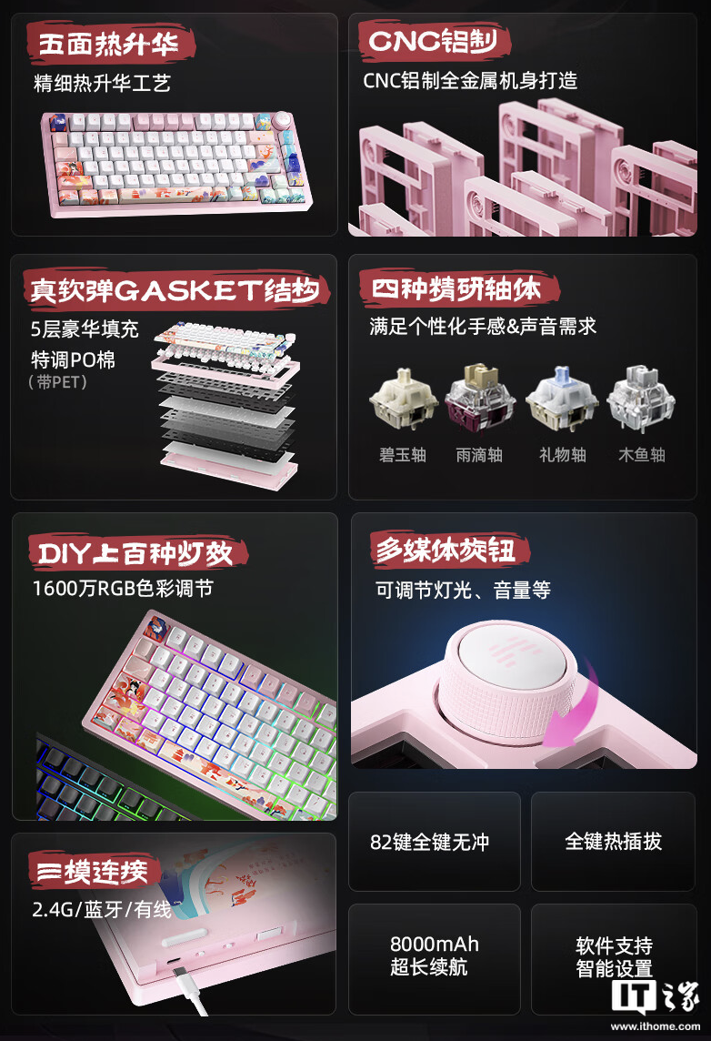 北通推出“妲己・倾城”的三模键盘:Gasket 结构、8000 毫安时电池,399 元