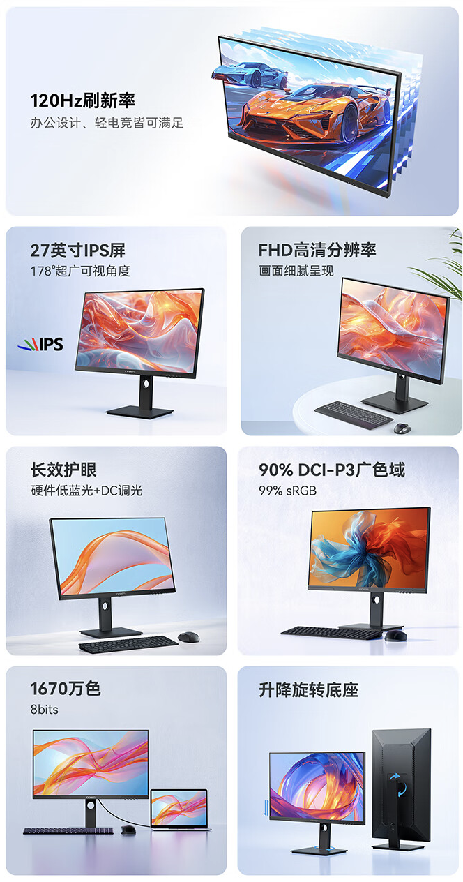 1080P 120Hz:联合创新“27D1FR”27 英寸显示器 469 元拼团购