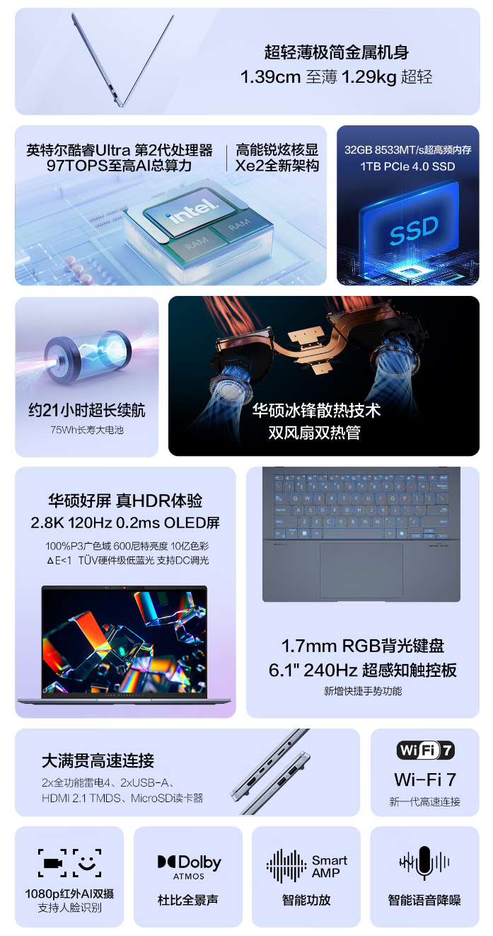 华硕无畏 Pro 14 笔记本 10 月 25 日首销:Ultra 5-228V / 7-258V 配 32G + 1T 售 6999 元起