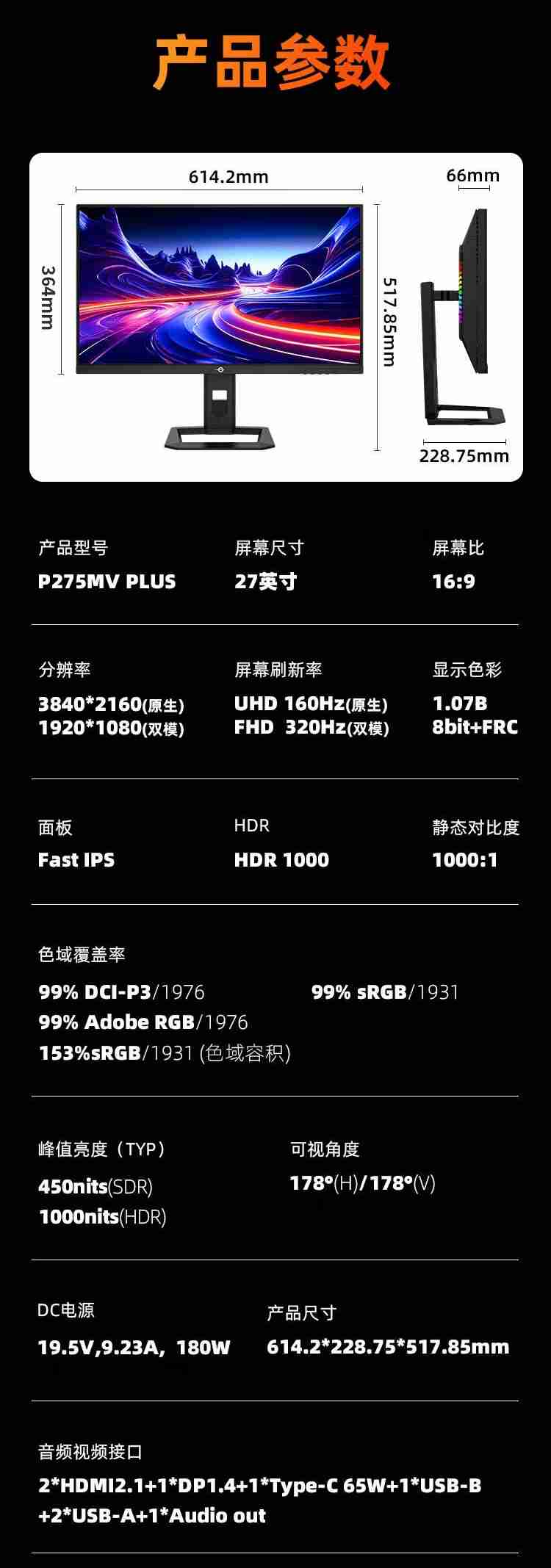 4K 160Hz / FHD 320Hz 双模切换:泰坦军团 P275MV PLUS 显示器 2179 元新低