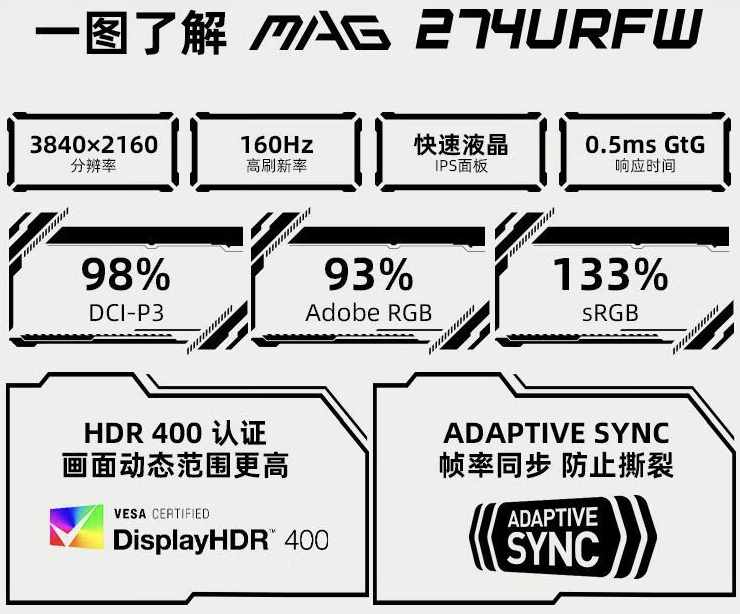 微星 MAG 274URFW 27 英寸显示器开售:4K 160Hz,2499 元