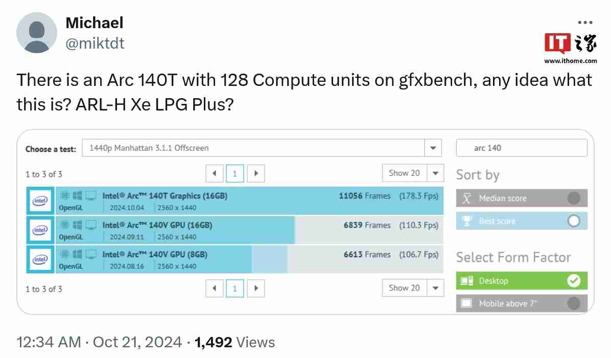 神秘英特尔锐炫 140T 核显现身 GFXBench 数据库，跑分优于锐炫 140V