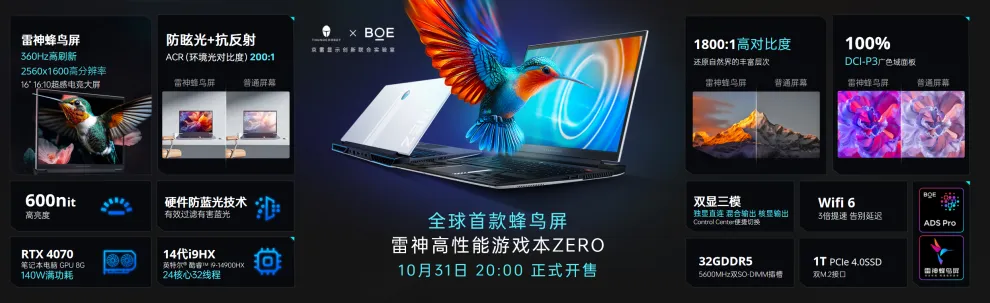 京东方与雷神联合发布首款仿生蜂鸟屏:360Hz、屏幕反射率平均值降低至 2.7%,雷神 Zero 首搭