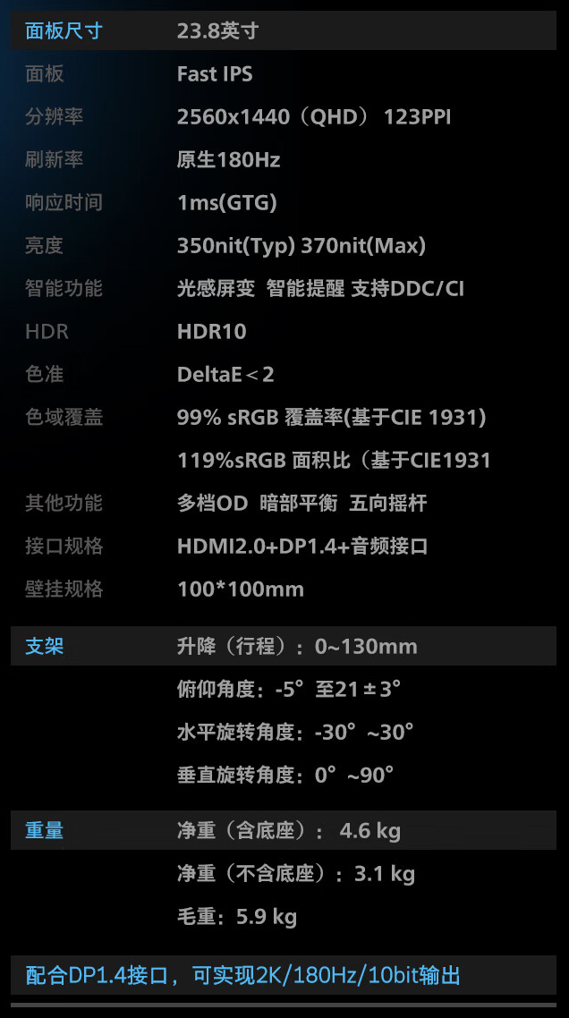 创维推出“F24G30Q Pro” 23.8 英寸显示器:2K 180Hz,849 元
