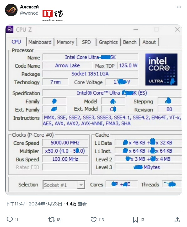 英特尔酷睿 Ultra 9 285K 处理器曝光:主频 5 GHz、TDP 125W