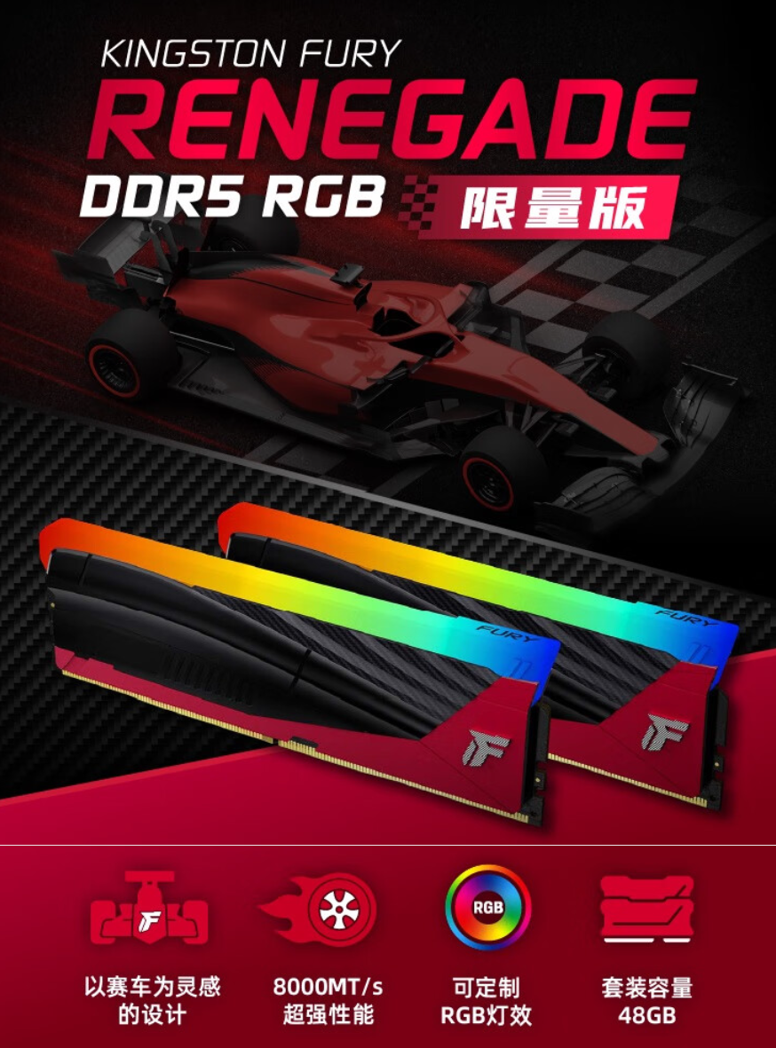 赛车风格马甲、8000MT/s CL36,金士顿推出 FURY 叛逆者 DDR5 RGB 限量版内存