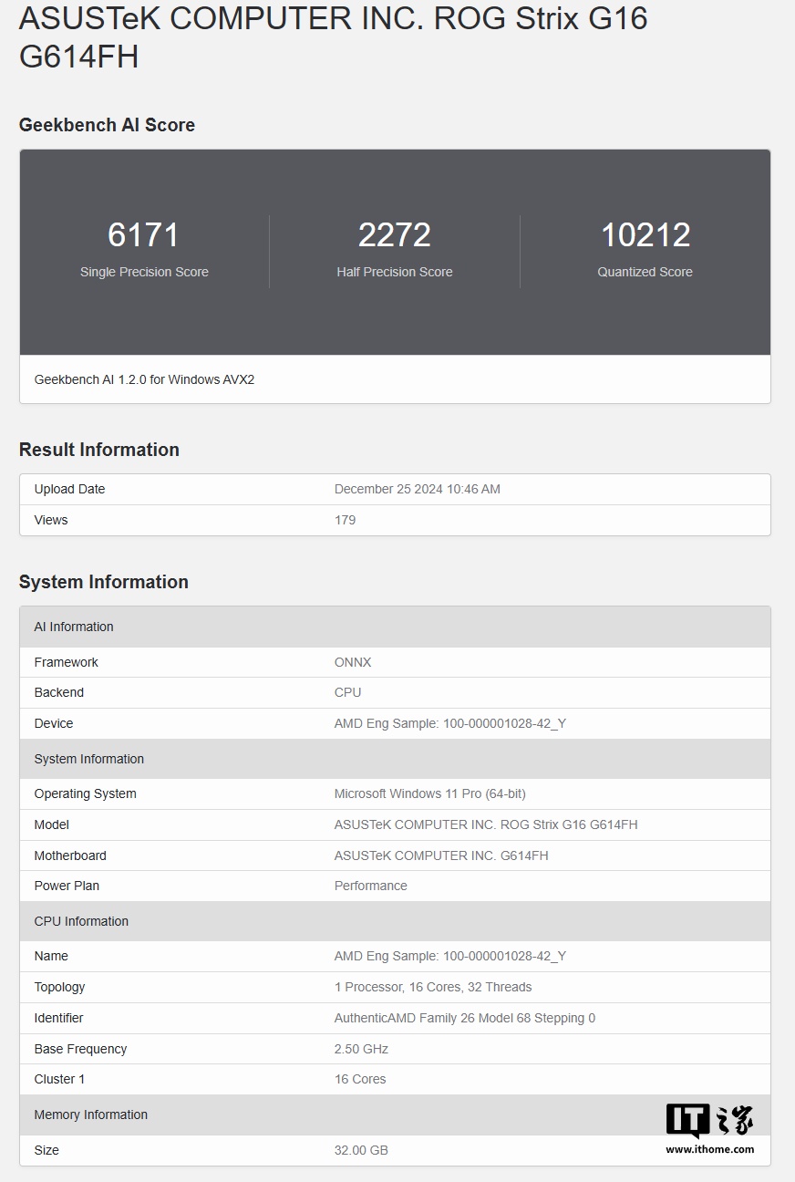 2025 华硕 ROG 游戏本工程机现身 Geekbench，搭载 16 核 AMD Zen5 处理器