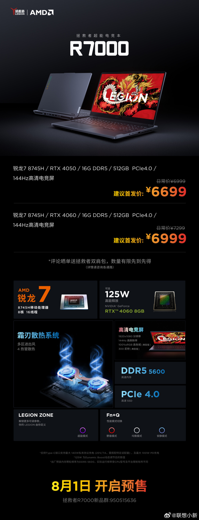 联想新款拯救者 R7000 游戏本发布:锐龙 7 8745H,首发价 6699 元