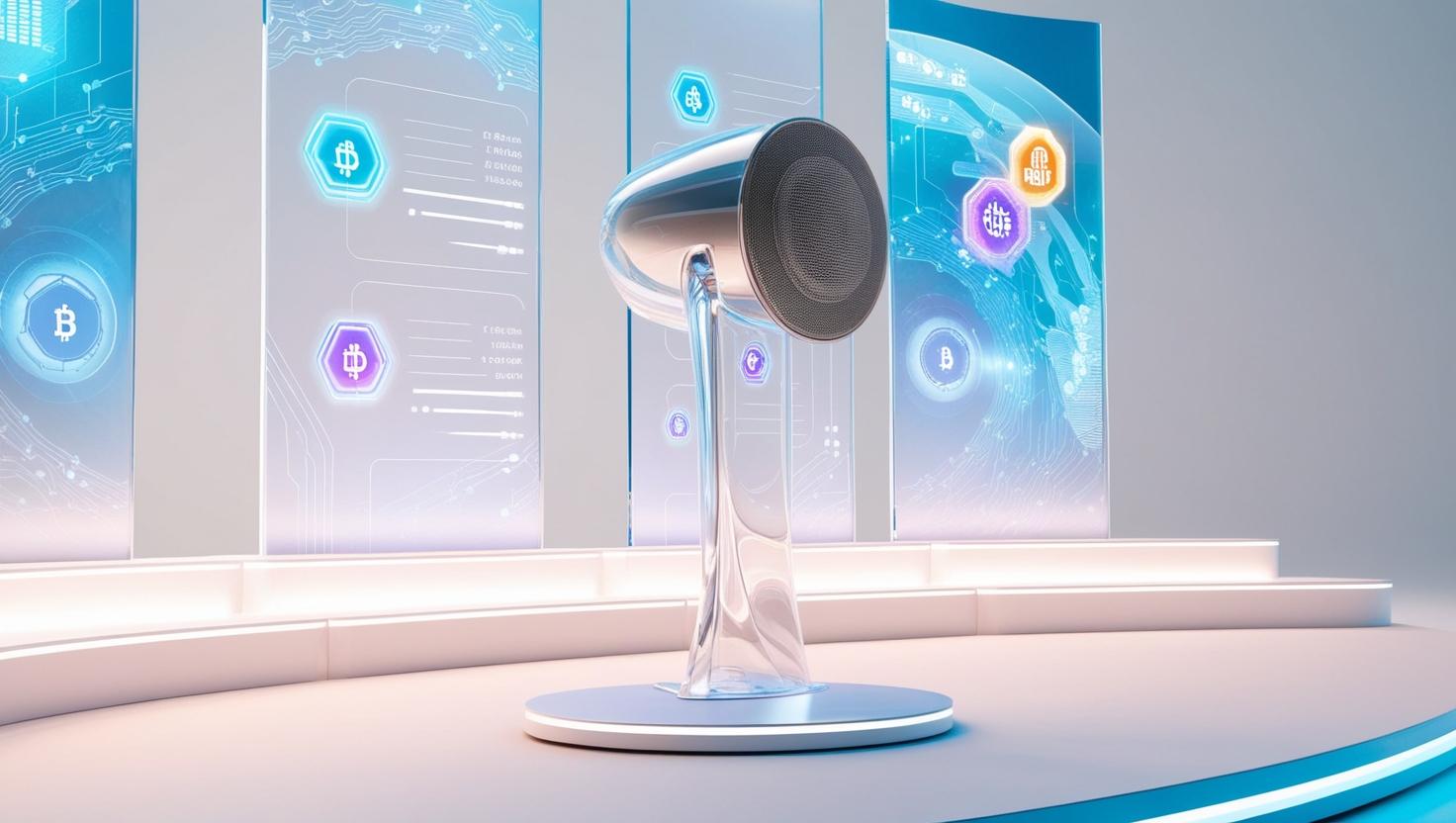 3D speaker at a futuristic conference stage, transparent blockchain layers,  tech data visuals, transparency icons in a light style, no more element.jpg