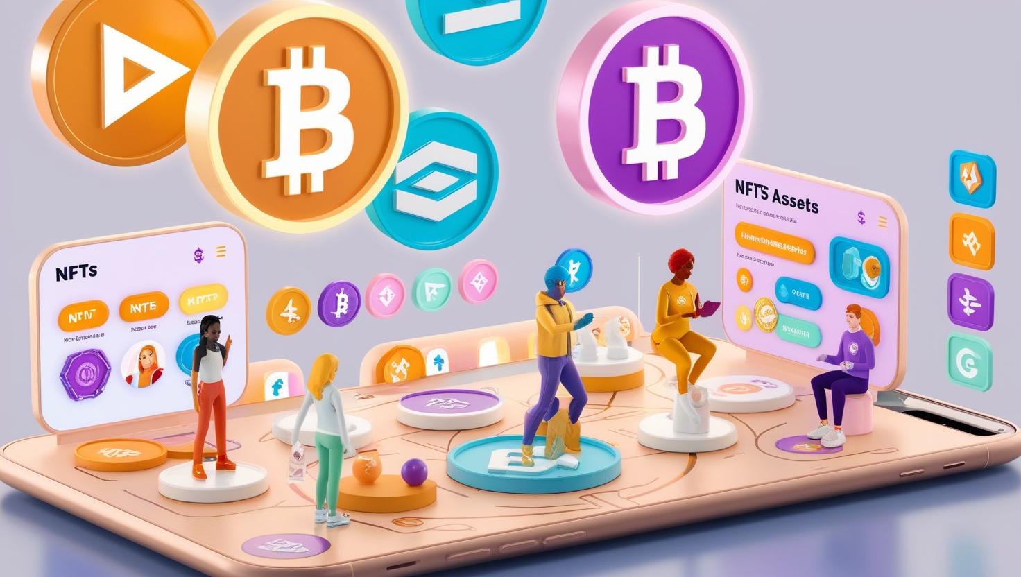 3D blockchain gaming interface with NFTs, avatars, and in-game assets in a light style, no more element, no word (1).jpg