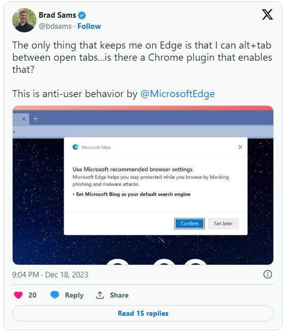 微软再次调整 Edge 浏览器:弹窗推荐其切换到 Bing 搜索引擎