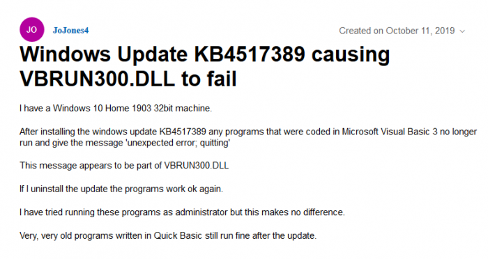 部分用户反映KB4517389导致旧版Visual Basic无法运行