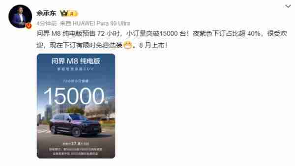  余承东：问界 M8 纯电版预售 72 小时 小订突破 15000 台 