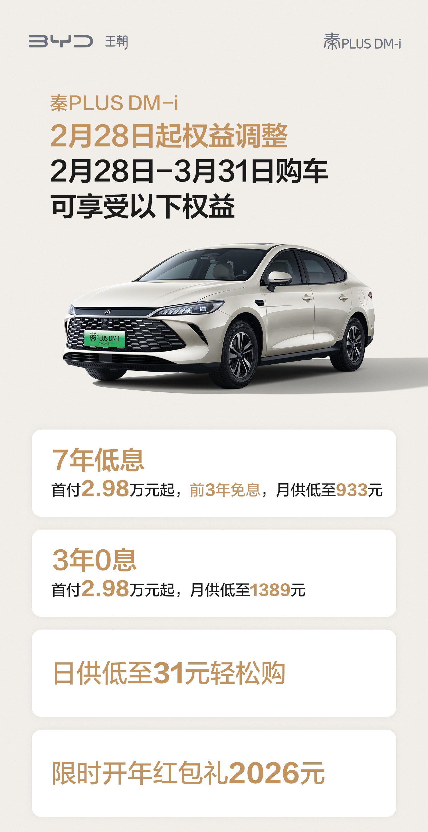 比亚迪秦 PLUS 史上最强金融政策发布：首付 2.98 万起