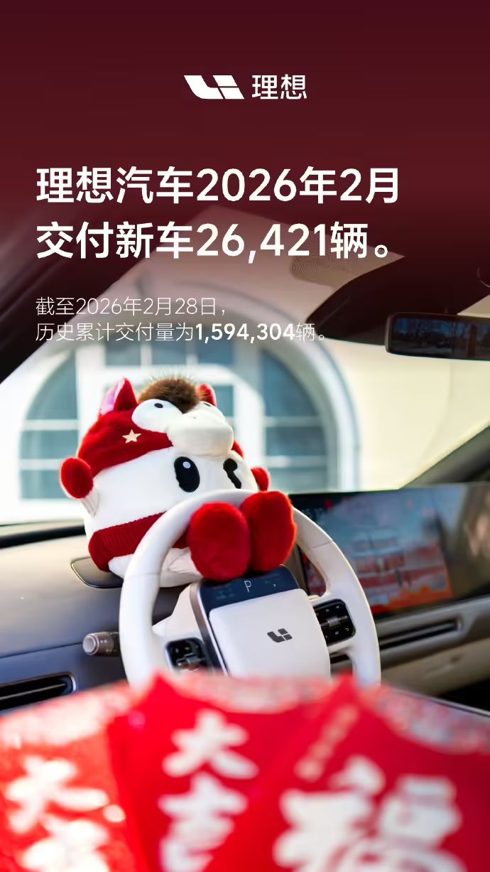 理想汽车2026年2月交付26,421辆