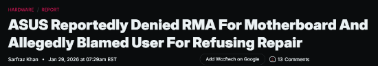 华硕售后再出事！被曝拒修还甩锅 用户直言