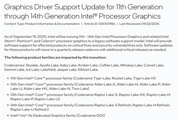没有Day0游戏支持了：Intel 11 - 14代酷睿核显驱动转向传统支持！每季度一次