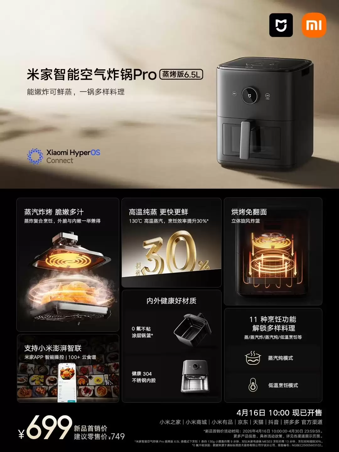 小米米家智能空气炸锅 Pro 蒸烤版 6.5L 开售,国补价 534.73 元