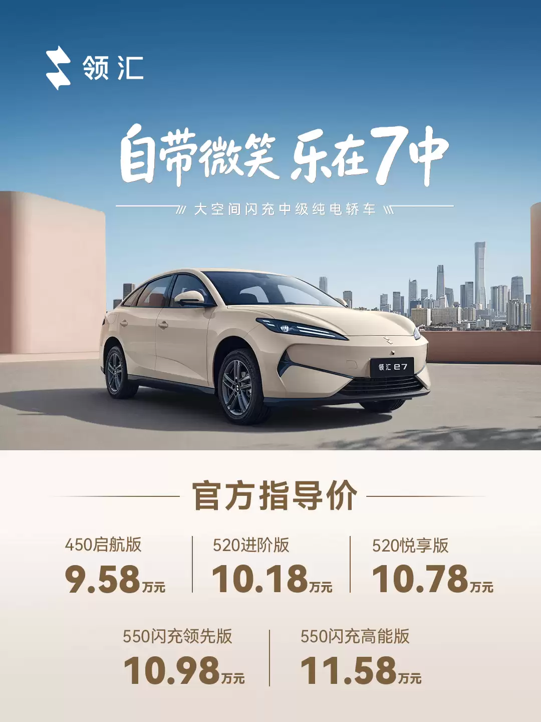 领汇汽车首款纯电轿车e7上市 搭载刀片电池与闪充技术 9.58万元起售