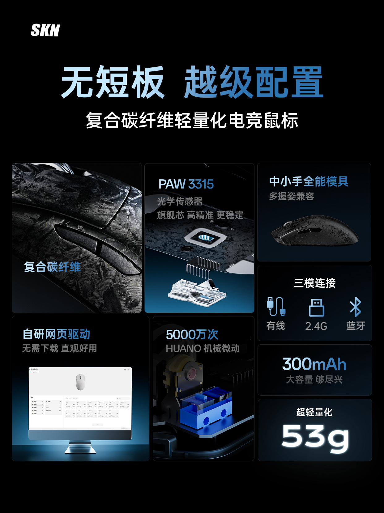 SKN 推出 59g 中小手鼠标朱雀-惊碳:复合碳纤维外壳,PAW3315