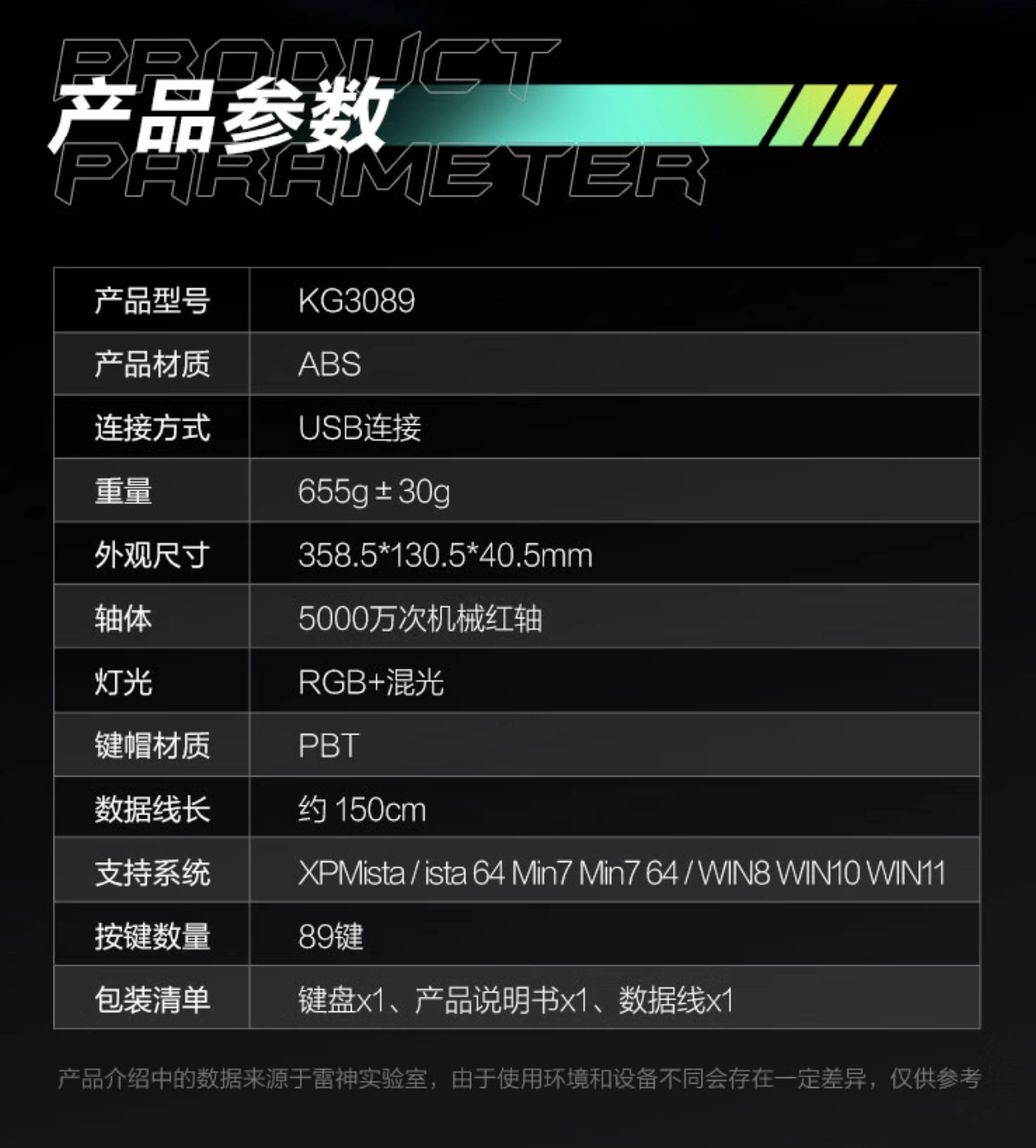 雷神推出 KG3089 侧刻有线机械键盘:89 键布局,129 元