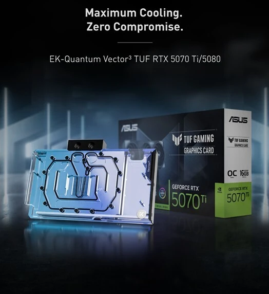 EK by LM TEK 推出 RTX 5070Ti/5080 显卡亚克力水冷头，适配华硕 TUF
