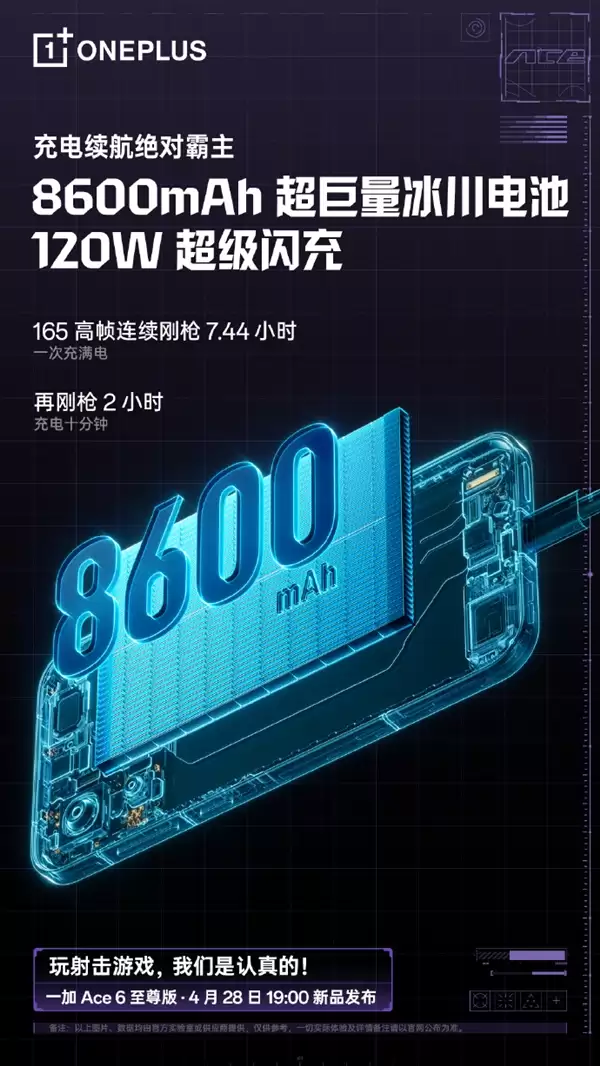 同档最强充电续航！一加Ace 6至尊版将内置8600mAh电池+120W超级闪充