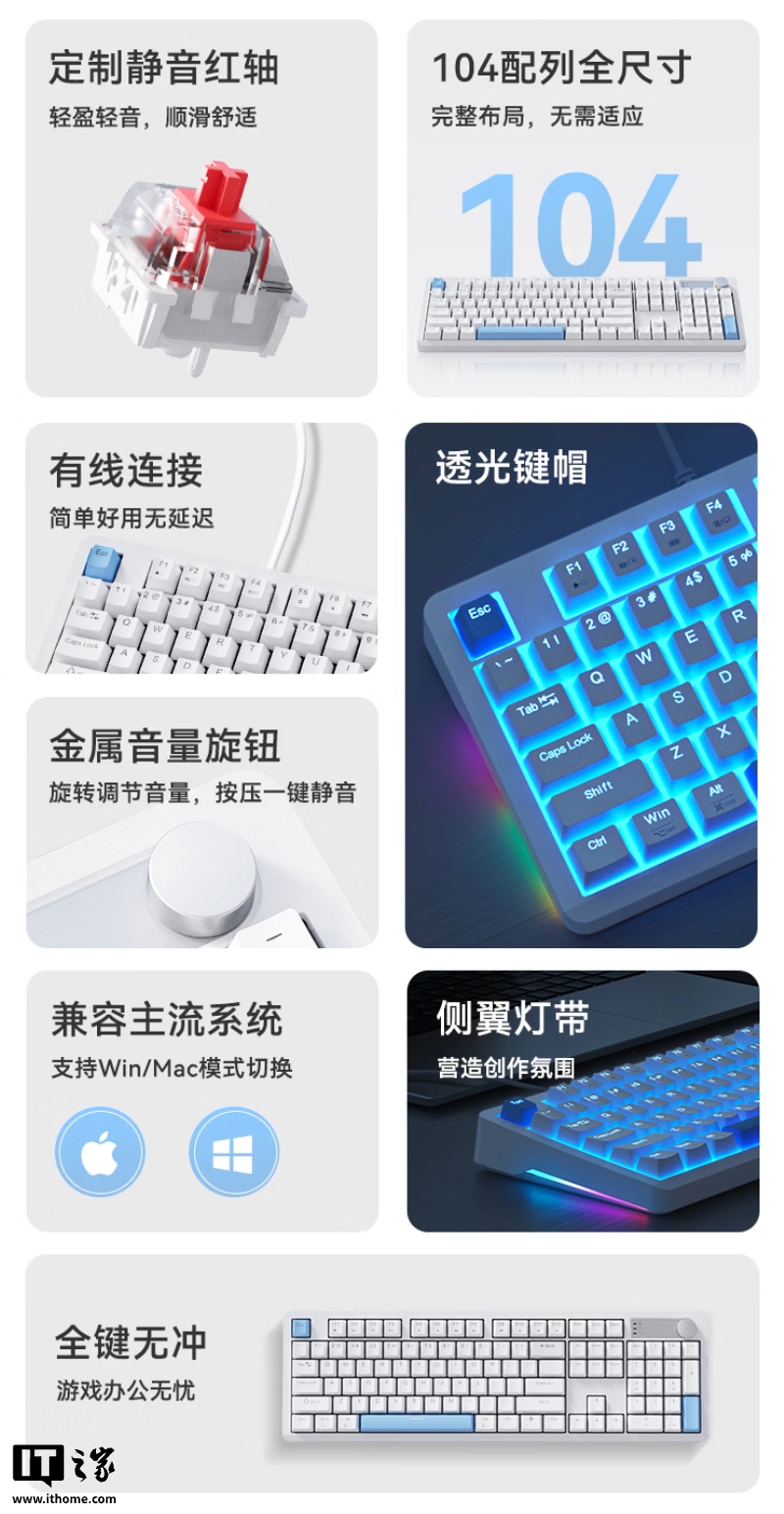 京东京造 J104 有线机械键盘新增静音红轴版本:104 键 + 旋钮设计,169 元
