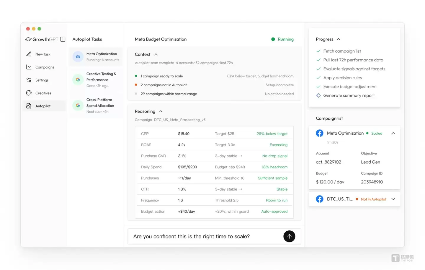 GrowthGPT Autopilot 模式:自动扫描广告账户、评估指标、执行优化决策