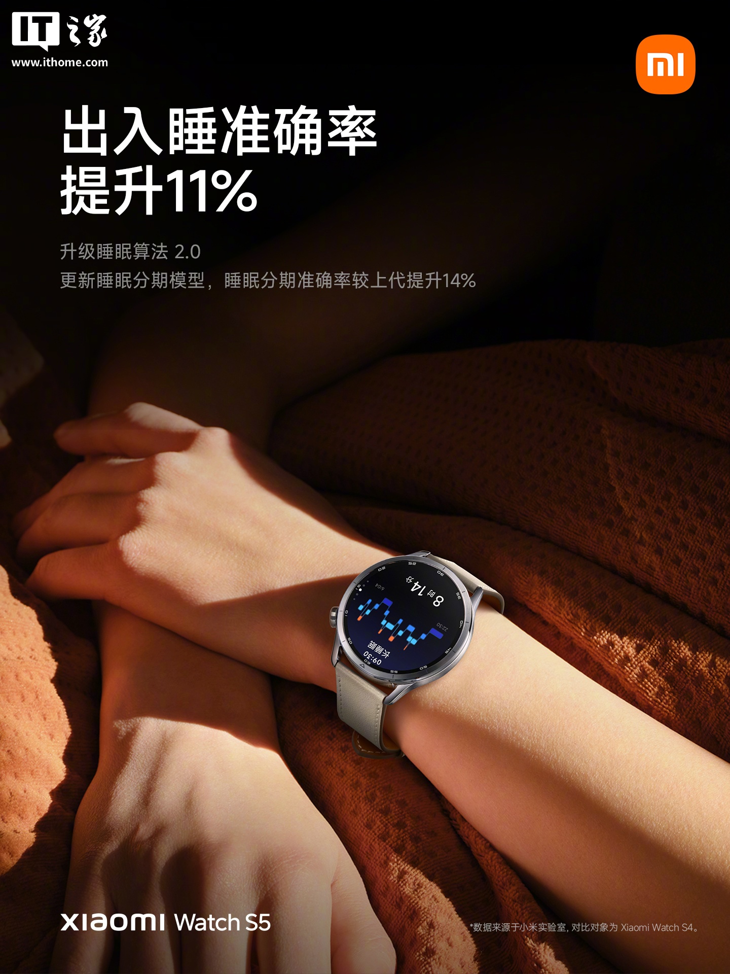 小米手表 S5 官宣搭载全新四灯组四 PD 传感器,心率监测准确度达 98.4%