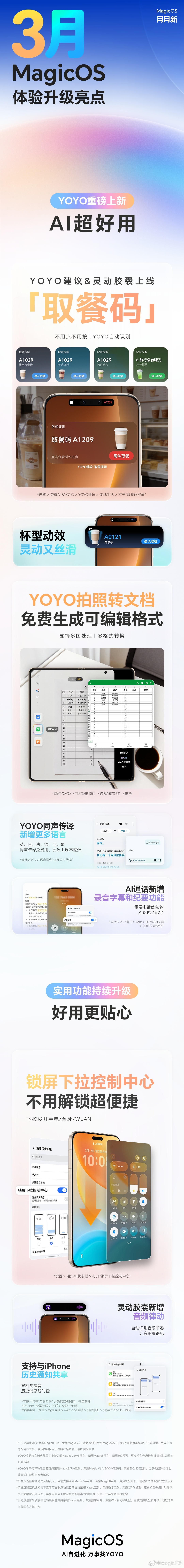 荣耀 MagicOS 系统 3 月更新公布:取餐码上线 YOYO 建议 & 灵动胶囊、双机通知共享等