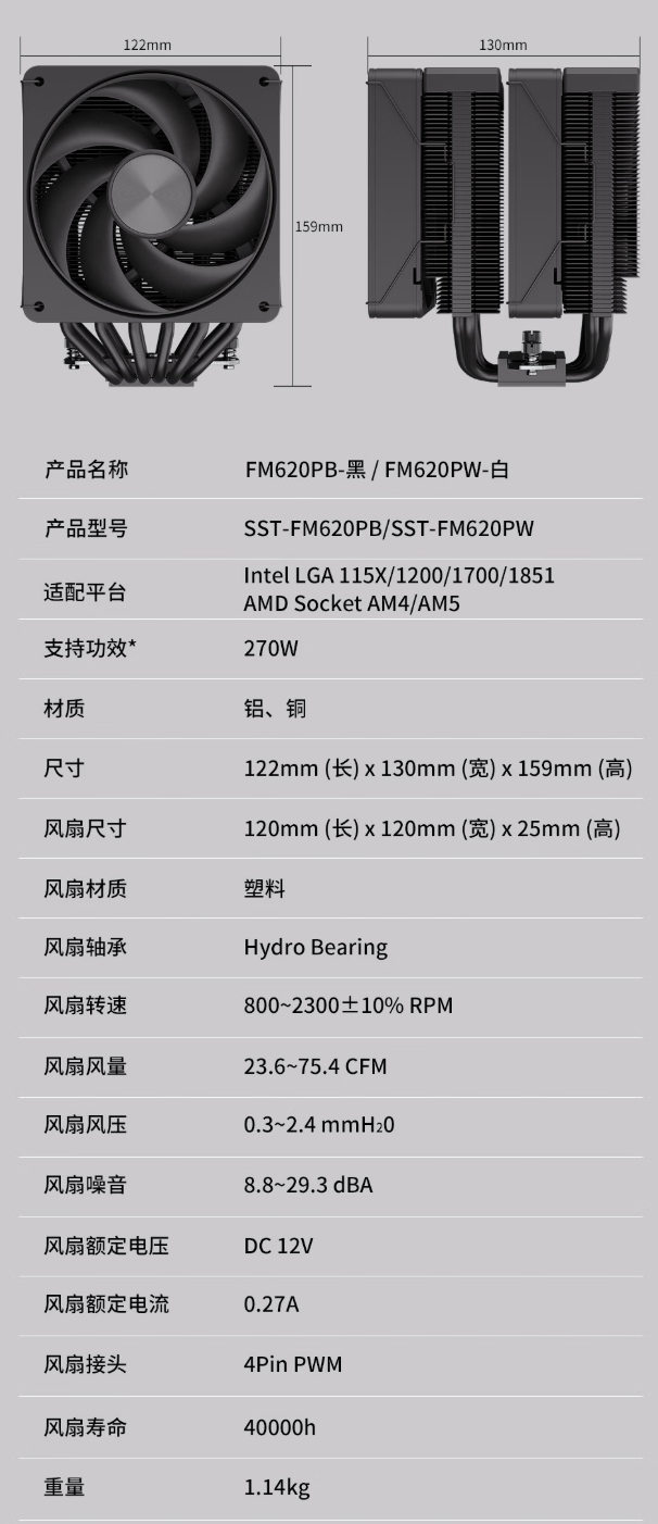 银昕 FM620 Pro 风冷 CPU 散热器上市:6 热管双塔设计,299 元