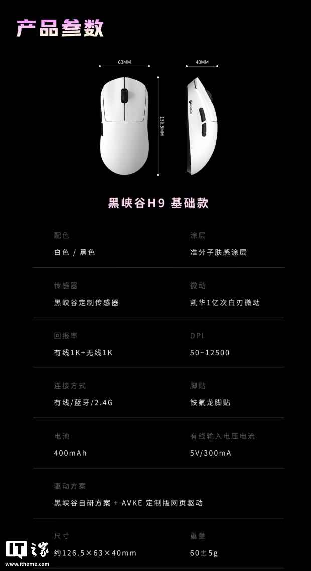 黑峡谷 H9 三模无线鼠标开启预售：99 元，60g 轻量化设计、定制传感器