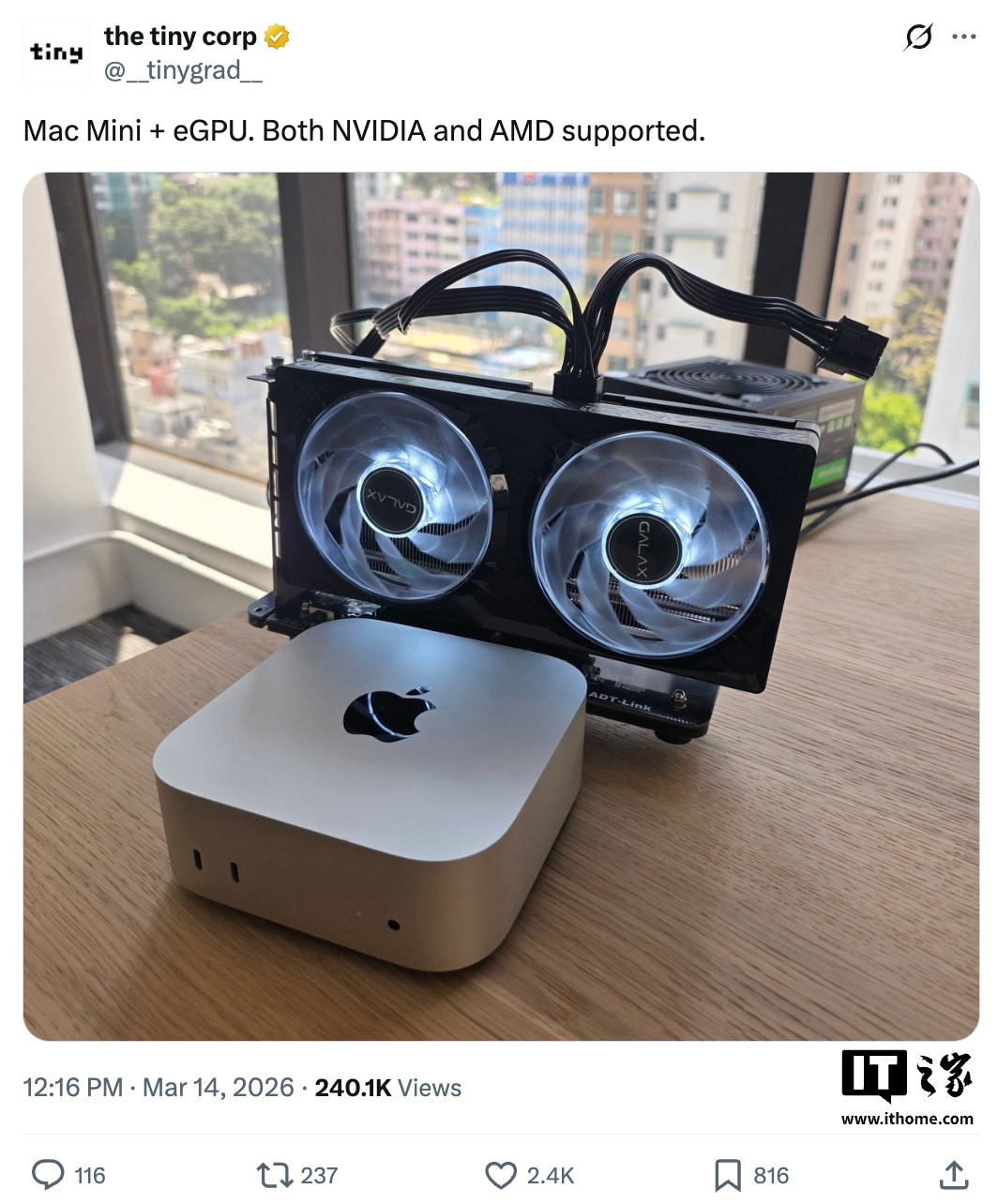 制造商 TinyCorp 为 Apple 芯片 Mac 打造 eGPU 扩展板,可连接 RTX5060 显卡用于 AI 大模型推理任务
