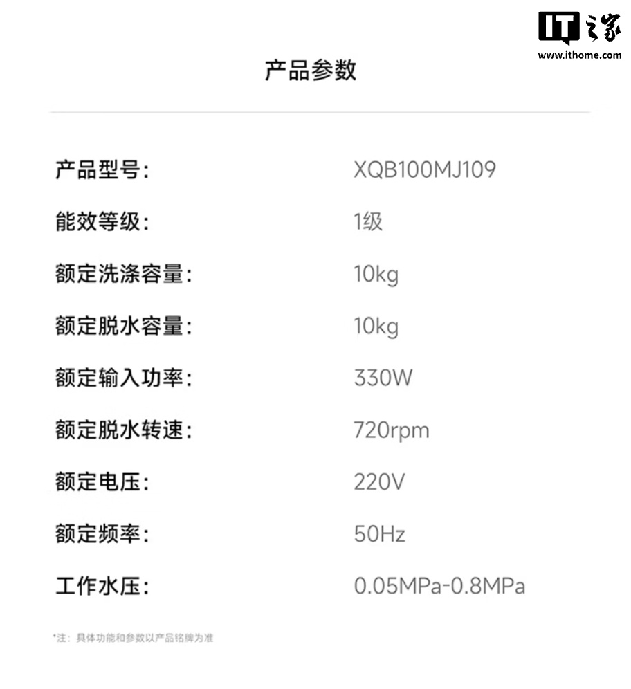 小米推出 2026 款“米家洗衣机 波轮 10kg”:1.25 洗净比、支持米家 App,799 元