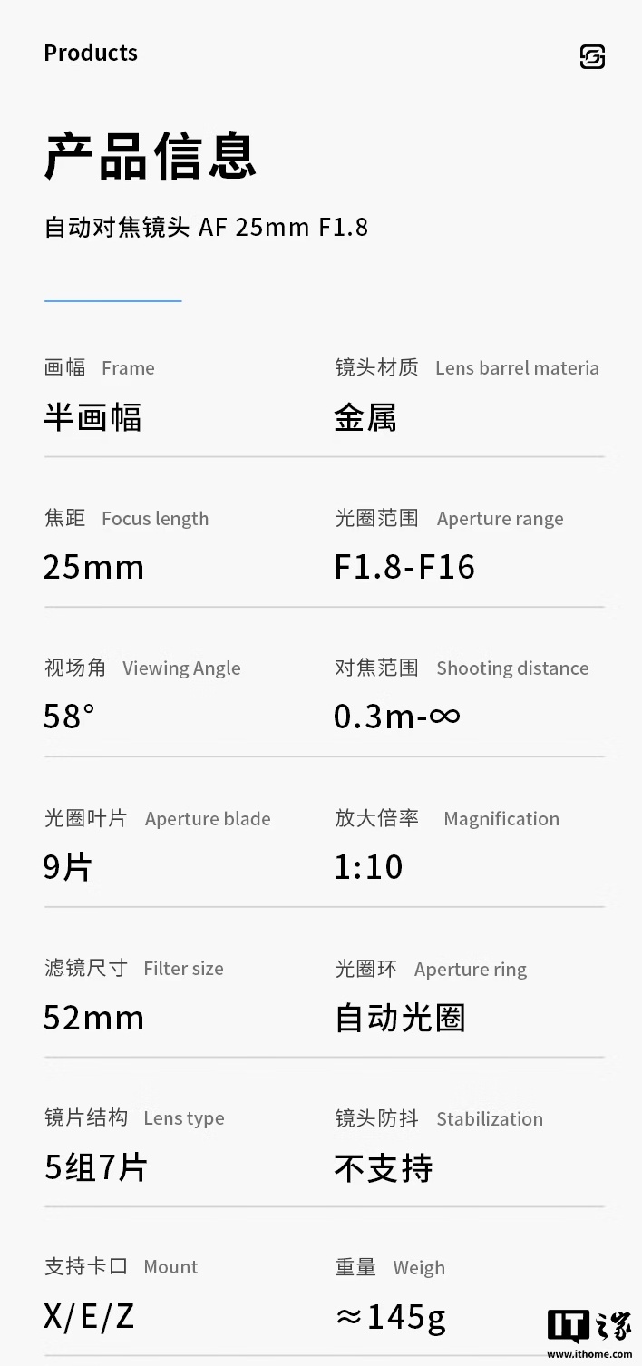 深光影像 AF 25mm f/1.8 半画幅自动对焦镜头发布：适配 E/Z 卡口，首发 599 元